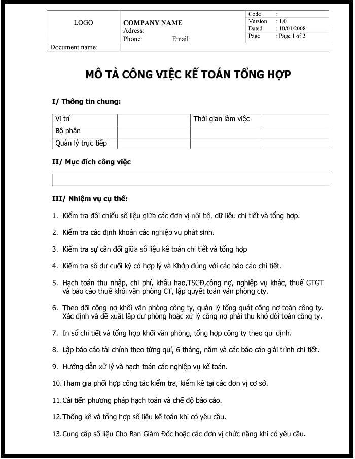 Mẫu JD công việc nhân viên Kế toán tổng hợp