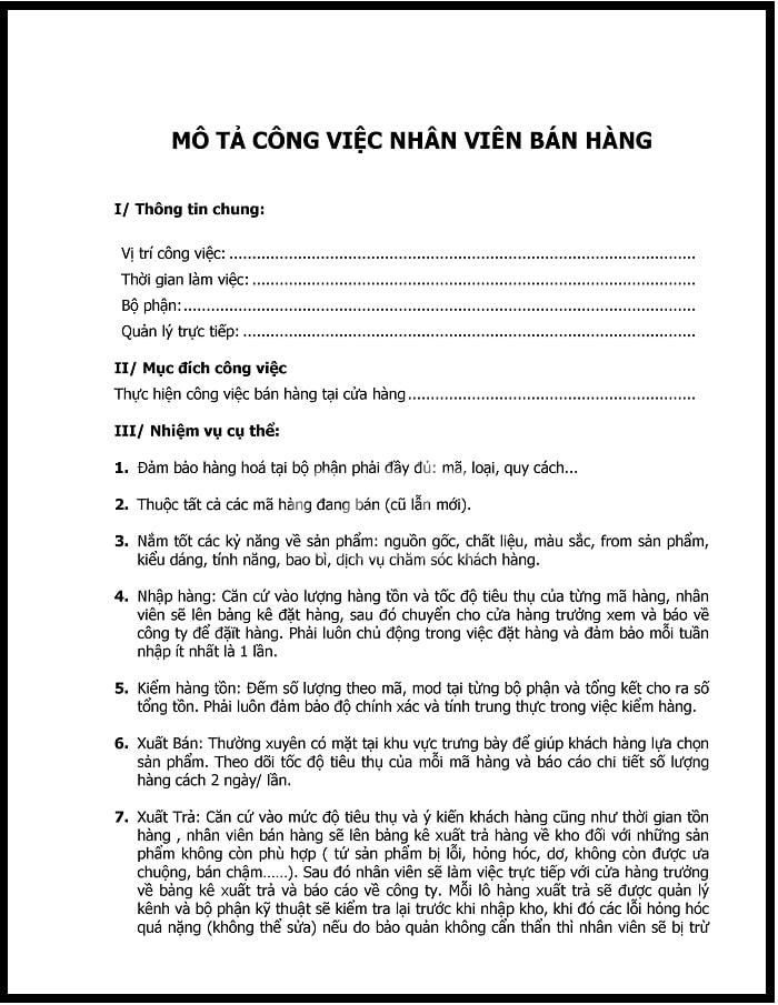 Mẫu JD công việc nhân viên bán hàng